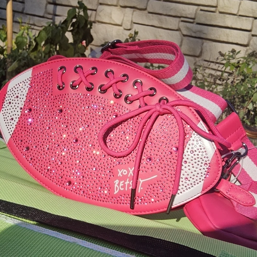Betsey Johnson Pink and White Football Crossbody with Lace Details